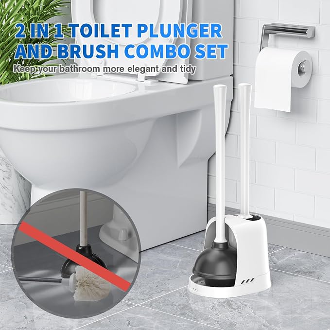 Toilet Plunger and Brush, 2 Pack Bowl Brush and Heavy Duty Toilet Plunger Set with Ventilated Holder, 2-in-1 Toilet Brush and Plunger Combo for 5.3-inch Toilet Drain Bathroom Cleaning