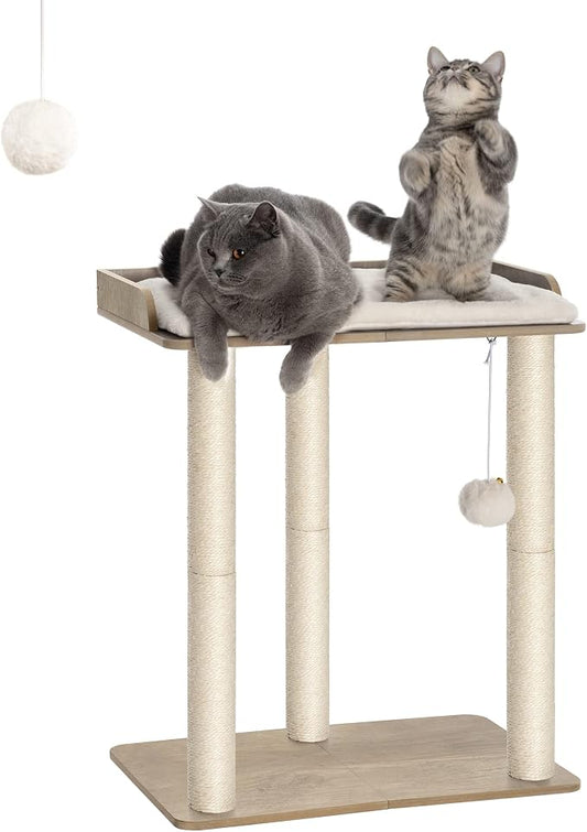 26.7in Large Cat Tree Tower Condo, Cat Scratch Posts for Indoor Cats, Big Plate, Three 23.6in Full Sisal Scratching Posts, Greige