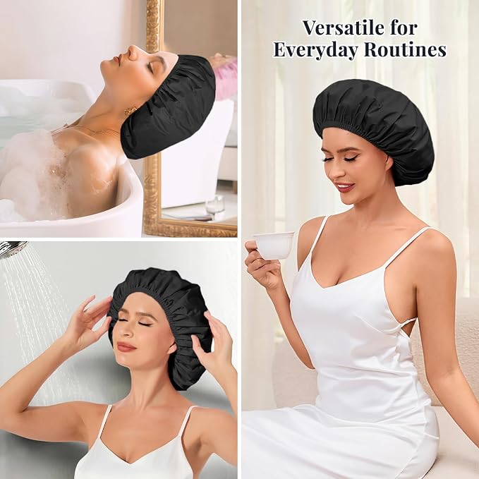 Shower Cap for Women Waterproof Reusable, Large Shower Cap Non-Slip with Elastic Band, Washable Bath Hair Hat for Long Hair, Braids (Black)