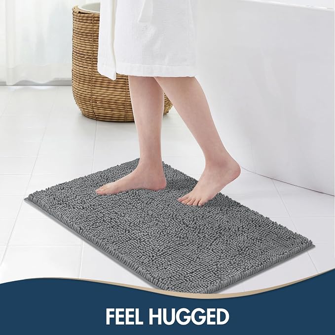 TREETONE Bathroom Rugs Sets, Thick Soft Absorbent 3 Piece Chenille Bath Rugs, Non-Slip, Dry Quickly, Machine Washable, Shaggy Mats with U-Shaped Toilet Rug for Bathroom Floor, Tub and Shower, Grey