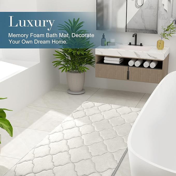 OLANLY Memory Foam Bath Mat Rug 36x24, Ultra Soft Bathroom Rugs, Cream | Thick Absorbent Carpet, Non-Slip Backing, Machine Washable, for Bathroom Floor, Tub, Shower and Home Decor Accessories
