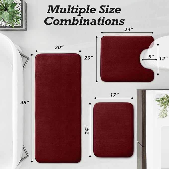 Bathroom Rugs Sets 3 Piece, Non-Slip & Quick Dry Bath Mat Set, Ultra Soft Velvet Bath Rugs for Bathroom, Toilet and Shower Floor, Red