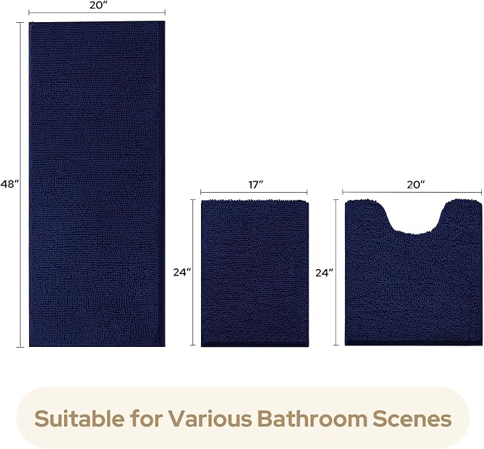HOMEIDEAS Navy Blue Long Chenille Bathroom Rugs Set of 3, Non Slip Bath Mat | Super Absorbent, Soft Microfiber, Machine Washable, Stain Resistant, for Bathroom Decor