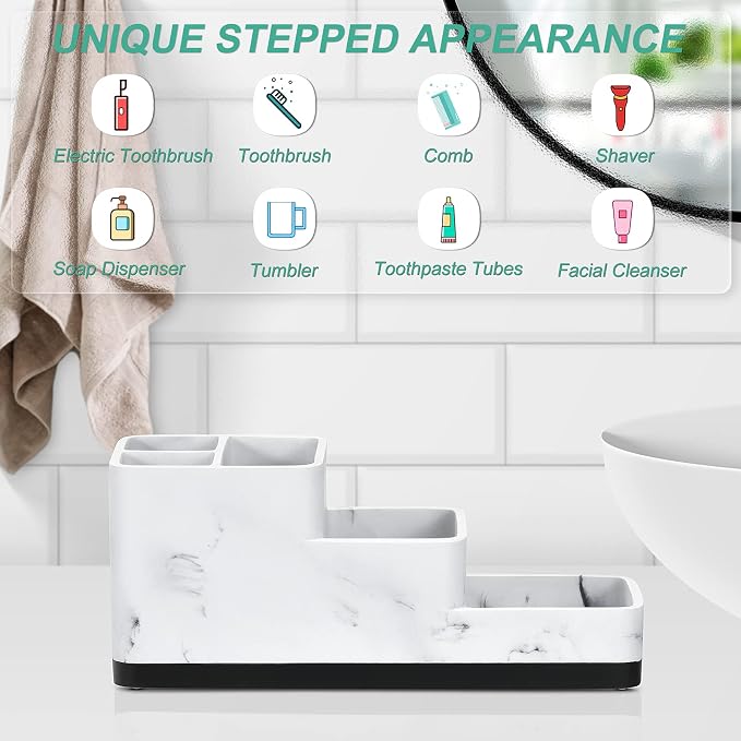 VITVITI Toothbrush Holder for Bathroom, Bathroom Organizer Countertop, 5 Compartment Bathroom Accessories Storage for Toothpaste/Vanity Counter, White Resin of Marble Color