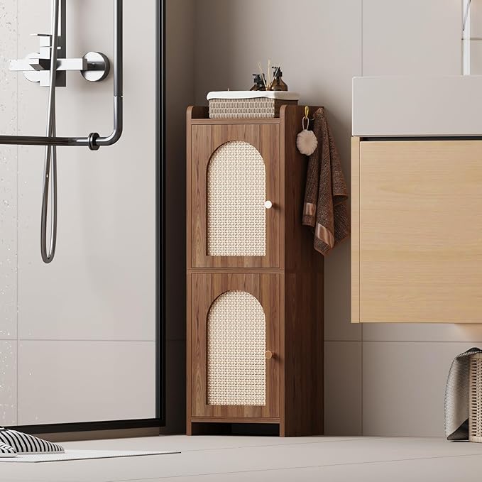 Rattan Bathroom Storage Cabinet,Corner Floor Cabinet with 2 Doors and Adjustable Shelf, Narrow Toilet Paper Cabinets with 2Hooks,Toilet Organizer for Small Spaces,7.87"D*9.84"W*29.72"H （Brown）