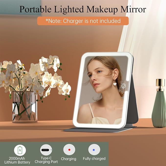 Rechargeable Travel Lighted Makeup Vanity Mirror with PU Leather Cover | Portable Travel Makeup Mirror with lights, 3 Color Lighting,Touch Dimmable, Light Up Tabletop Cosmetic Mirror Folding Flower