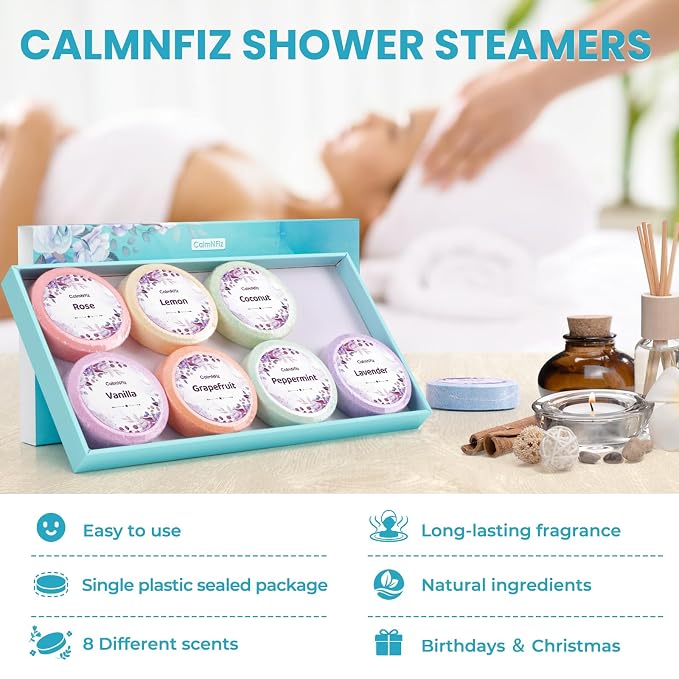 CalmNFiz Shower Steamers Aromatherapy Self Care Gifts 2 * 8 Pack Set, Green | Birthday Gifts for Women, Mom, Wife, Friend, Teacher, Shower Bombs Essential Oil Tablets 8 Fragrances, Self-Care Relaxation
