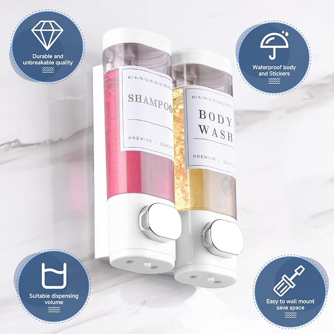 Shampoo and Conditioner Dispenser Bathroom Shower Soap Dispenser Wall Mounted Shampoo Dispenser for Shower Wall No Drill 2 * 300ml White 2 Chamber with Waterproof Labels Self