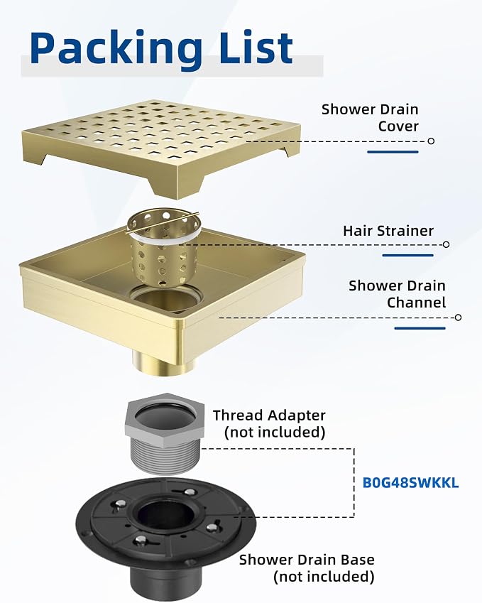 6 Inch Titanium Gold Shower Drain, Modern 304 Stainless Steel Square Shower Drain for Bathroom, Brushed Gold Shower Floor Drain with Grate Removable, Hair Strainer