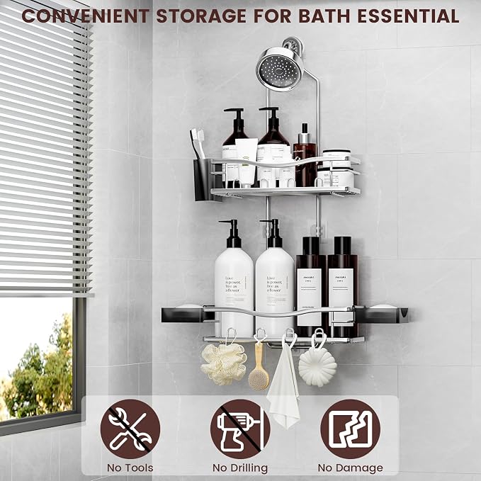 Rustproof Shower Caddy Hanging with Soap Holders for Bathroom, Silver | Shower Organizer with Multi Hooks Toothbrush Holder, No Drilling, Anti-Swing, Storage for Shampoo Conditioner Body Wash