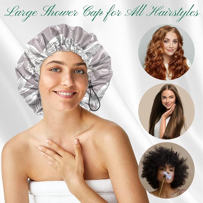 2 PCS Shower Cap Waterproof Double Layer Elastic Adjustable Reusable Hair Bath Caps for Girls Women Cute Aesthetic-Grey