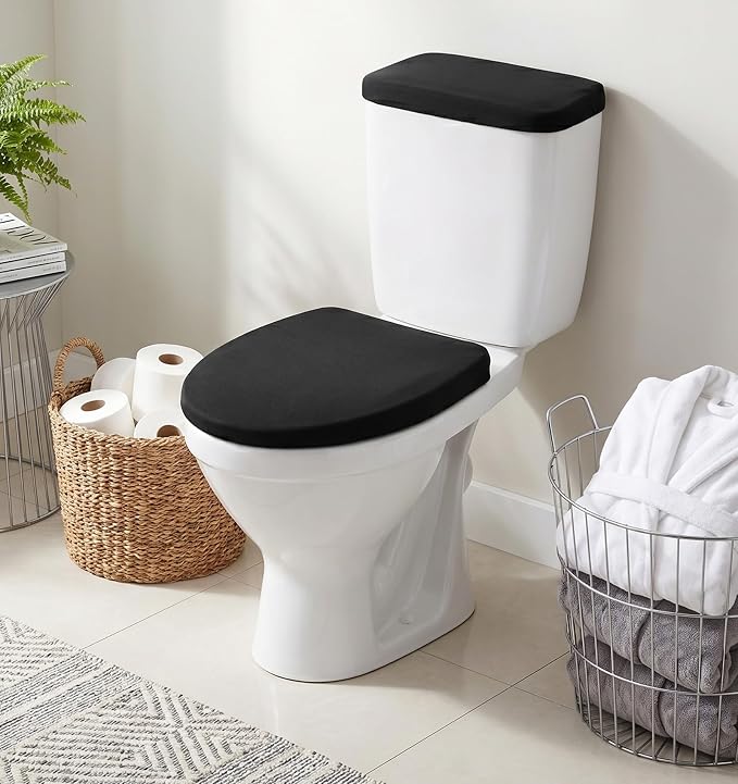 2 PCS Black Toilet Seat Cover Set, Soft Velvet Black Toilet Cover & Nylon Tank Cover with Elastic Bottom, Machine Washable Bathroom Accessories
