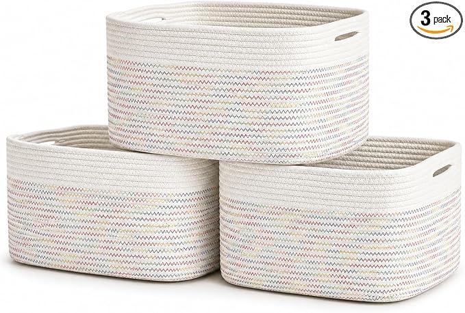 OrganiHaus Rainbow Stitches Cotton Rope Baskets for Shelves, Set of 3 - 15"×10"×9½" - Colorful Storage Baskets for Kids - Nursery, Playroom, Classroom - Toy Storage, Books, Towels