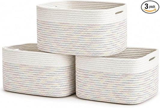 OrganiHaus Rainbow Stitches Cotton Rope Baskets for Shelves, Set of 3 - 15"×10"×9½" - Colorful Storage Baskets for Kids - Nursery, Playroom, Classroom - Toy Storage, Books, Towels