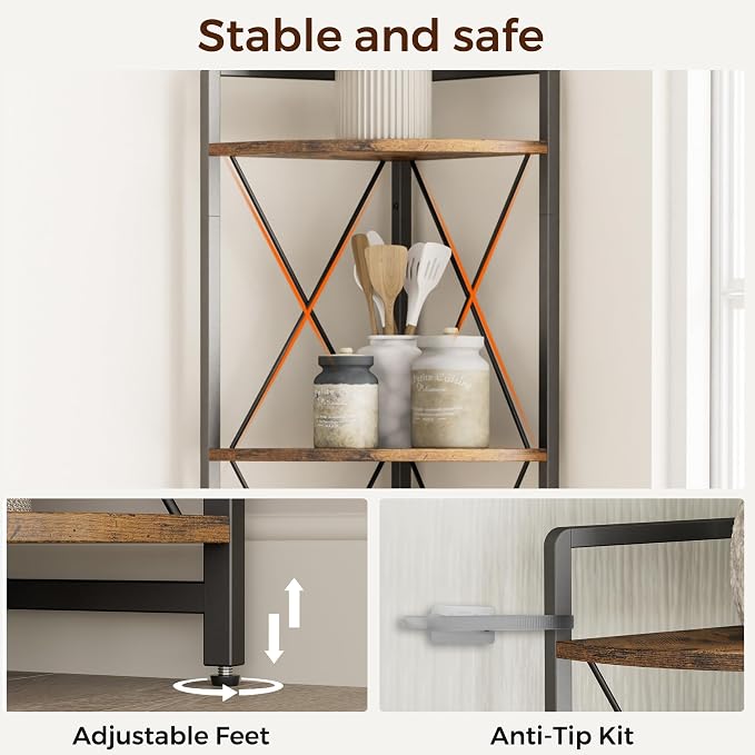 6 Tier Corner Shelf Stand, 78" H Tall Industrial Corner Bookshelf for Living Room Decor, Metal Corner Shelf, Plant Stand Display Shelf for Bedroom, Bathroom, Small Space, Rustic Brown