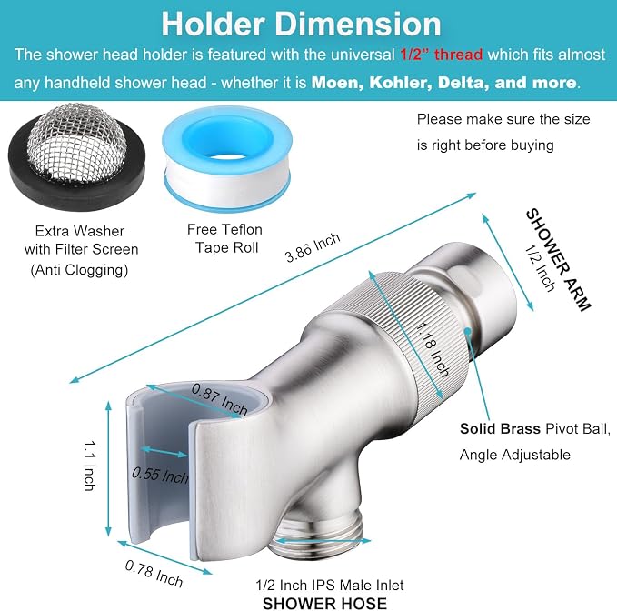 Brushed Nickel Metal Shower Head Holder - Adjustable Mount for Connecting Shower Arm and Hose, Wand Bracket with Swivel Ball Connector