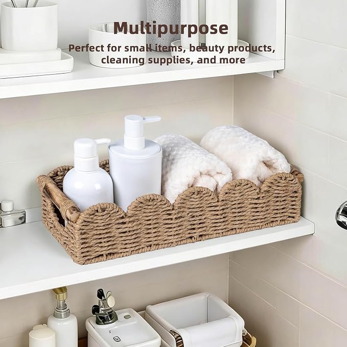 CubesLand Bathroom Basket Organizer w/Cut Out Handle, Back of Toilet Paper Storage Baskets for Bathroom Countertop Decorative, Small Scalloped Wicker Basket Also for Home Decor, Living Room, Neutral