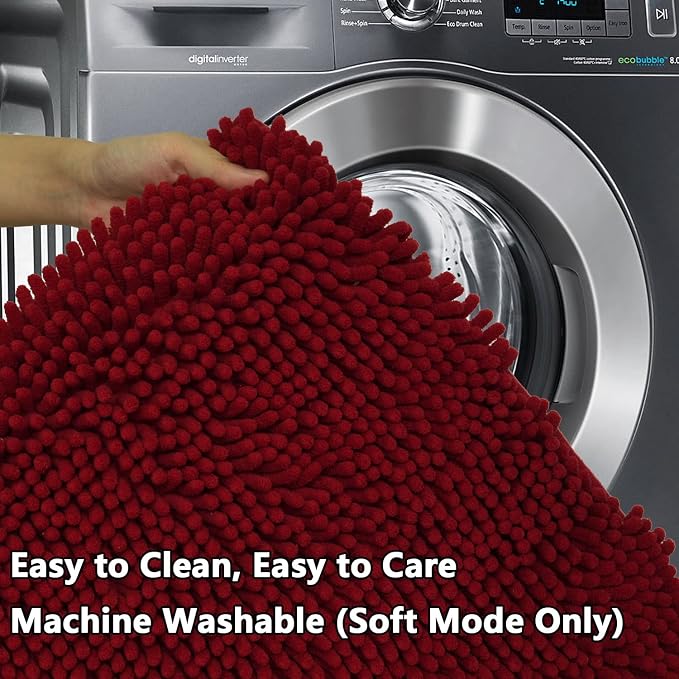 BOANKODU Bath Mat Set, 2 Piece - Soft Chenille, Non-Slip, 32x20 Inch + 20x20 Inch U Shape, Machine Washable (Burgundy)