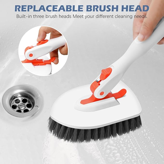 SetSail 4-in-1 Tile Tub Floor Scrubber with V-Shaped Grout Brush, Orange | with 3 Detachable Replacement Brush Head, Multi-Angle Cleaning Locks at 45°, 90°, 180° for Bathroom Kitchen Walls Tub Tile