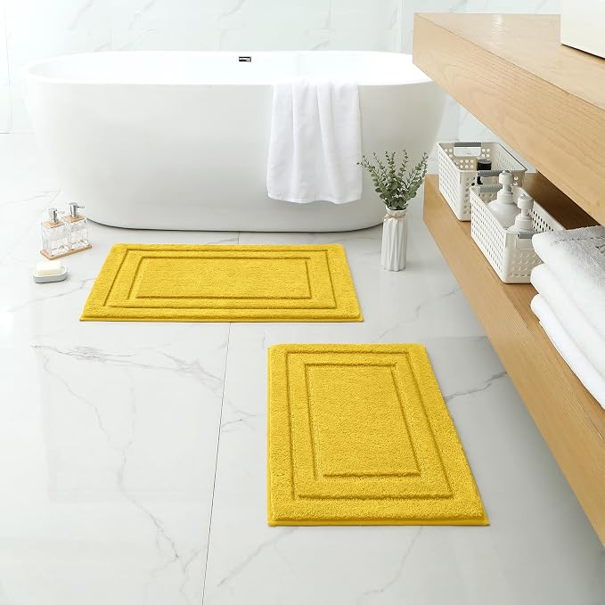 HOMEIDEAS Bathroom Rugs Sets 2 Piece, Super Soft Non Slip Bath Mat Yellow | Ultra Absorbent, Microfiber Machine Washable Bath Rug Set, for Bathroom, Tub, Shower 20" x 32" + 16" x 24"
