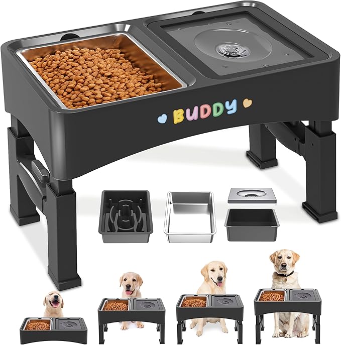 Decflow 3-in-1 Elevated Dog Bowls with 4 Height Adjustable Raised Stand | 304 Stainless Steel No Spill Water Bowl, Slow Feeder Dog Bowls, DIY Stickers, Pet Feeder Set for Small, Medium & Large Dogs