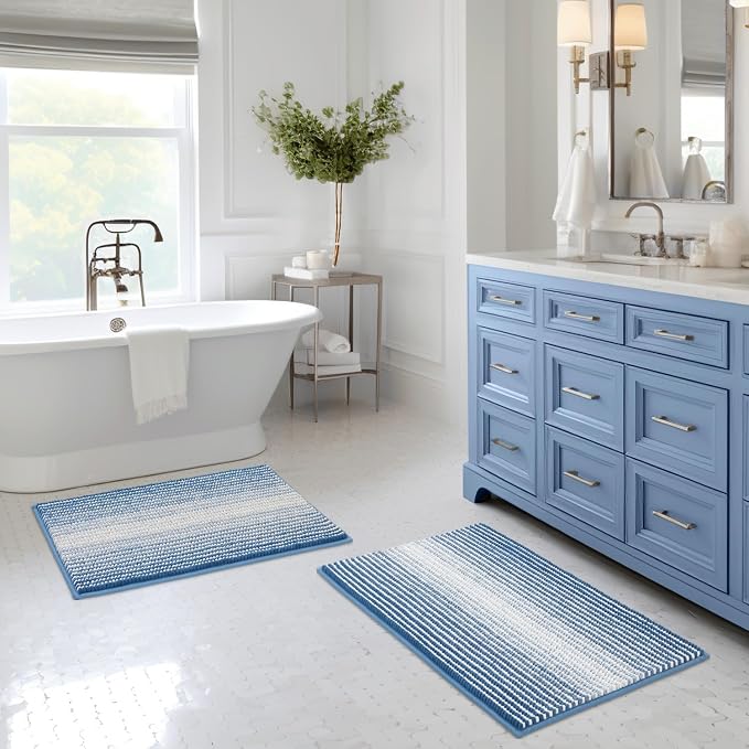 Bathroom Rugs Sets 2 Piece, Non Slip Striped Bath Mats, Sky Blue | 20"x32" Plus 16"x24", Soft Absorbent Chenille, Quick Dry Machine Washable, Shower Rug for Bathroom Floor, Tub, Bedroom Decor