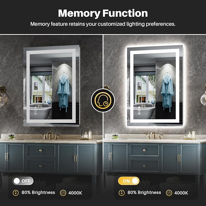 Briivue 24x36 Inch LED Bathroom Mirror with Lights, Backlit & Front Lit | Anti-fog, 3 Color Dimmable, Memory Function, HD Reflection Tempered Glass, ETL Listed, IP54 Waterproof