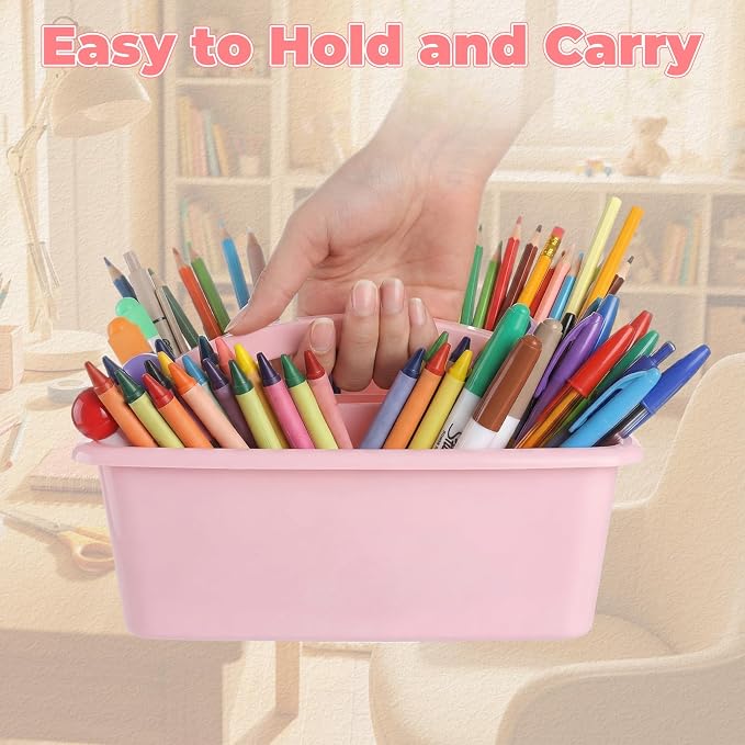 Kathfly 6 Pack Classroom Caddy Organizer with Handle, Plastic Art Craft Cleaning Caddy Bulk, Small Multipurpose Supply Organization Storage Basket for Table Desk Office Pencil Teacher (Morandi Color)