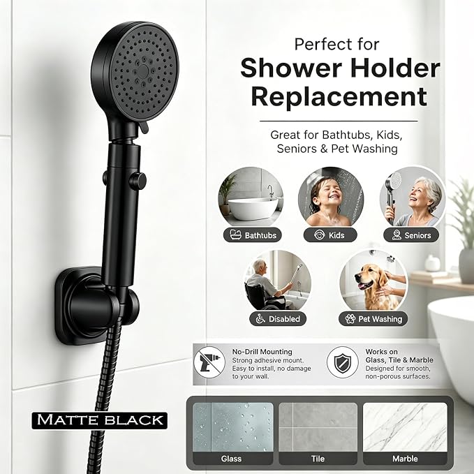 Handheld Shower Head Holder - 5 Positions Adjustable - Concealed Adhesive Mount with Screw Option- Bathroom Wall Mount Shower Hose Holder (Matte Black)