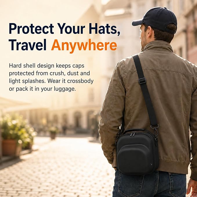 Hard Hat Travel Case for Up to 3 Baseball Caps - Premium Hat Storage Organizer Carrier with Handle and Shoulder Strap, Compact, Carry-on Travel Friendly, Crush-Proof, Black