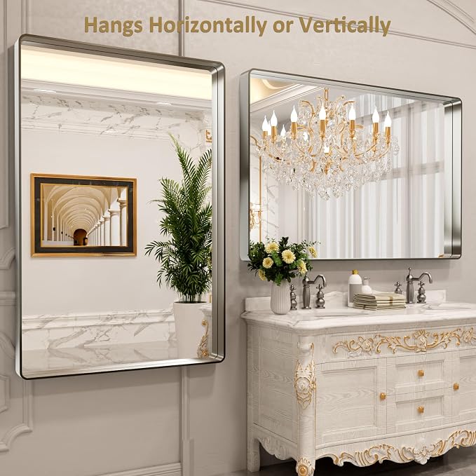 LOAAO 60X40 Inch Brushed Nickel Bathroom Mirror | Rounded Rectangle, Silver Metal Frame, Anti-Rust, Tempered Glass, Hangs Horizontally or Vertically