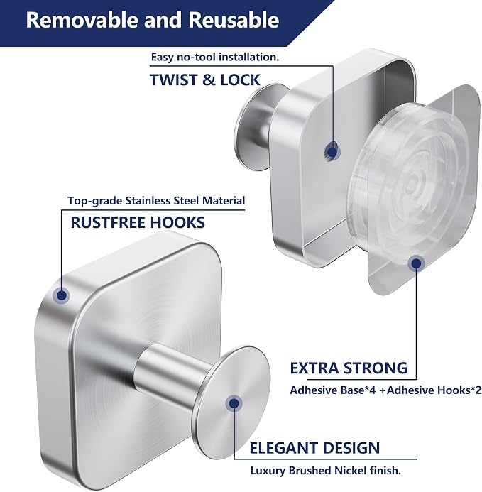 Aikzik Adhesive Hooks for Shower, Heavy Duty Replaceable Sticky Large Wall Towel Hooks for Hanging Towel, Robe, Coat, Stainless Steel Hook for Bathroom and Door, Waterproof & Rustproof - 2 Pack,Silver