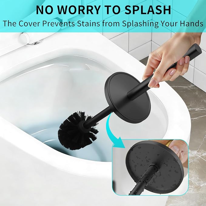 Toilet Brush and Holder Set,304 Stainless Steel Toilet Brush for Bathroom with Long Handle, Heavy Duty Toilet Bowl Brush,Removable Inner Bowl and Splash Protection,Deep Cleaning (Black)
