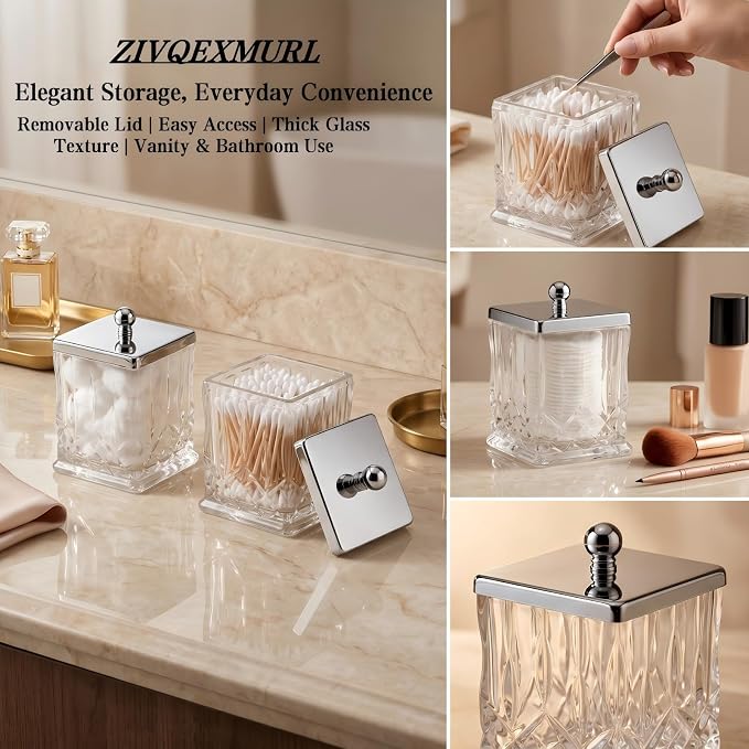 2 Pack Glass Qtip Holder Dispenser Set,Square Bathroom Apothecary Jars with Silver Metal Lid for Cotton Swabs,Balls, Pads, Floss Picks, Vanity Storage Container for Makeup,Candy, Jewelry(15 Oz, Clear)
