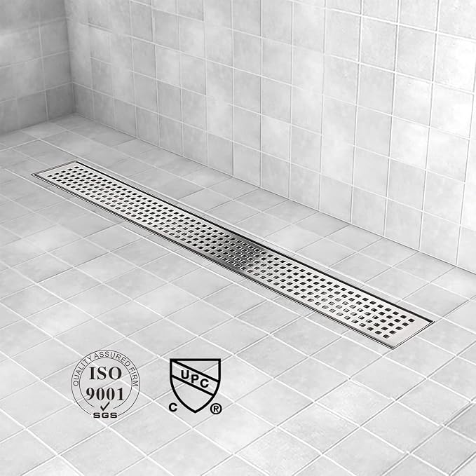 Linear Shower Drain, Drain 18 inch with Removable Grate Cover, Professional AISI 304 Stainless Steel Shower Floor Drain, Shower Drain with Hair Catcher and Leveling Feet