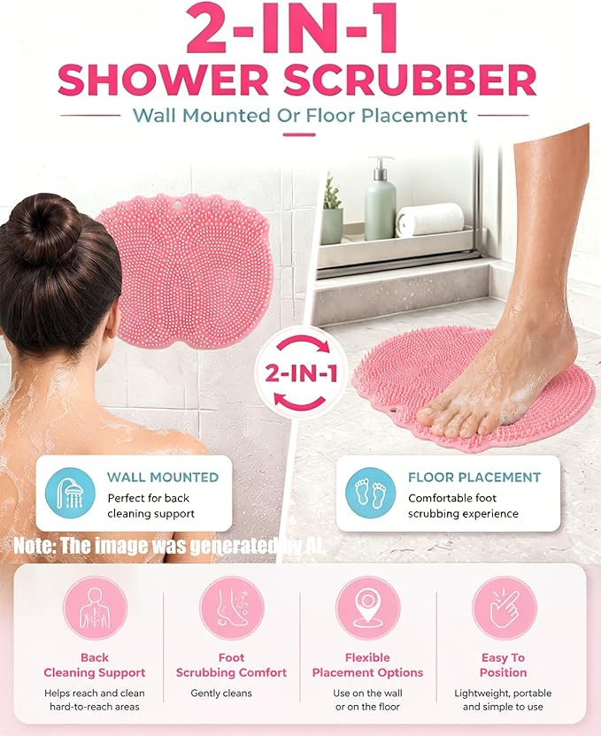 Foot Scrubber in Shower Mat Back Easy for Clean Feet Hands Free Washing Washer Silicone Wall Mounted Brush Accessories for Inside with Non- Slip Suction Cups Bathroom Pad (Pink)