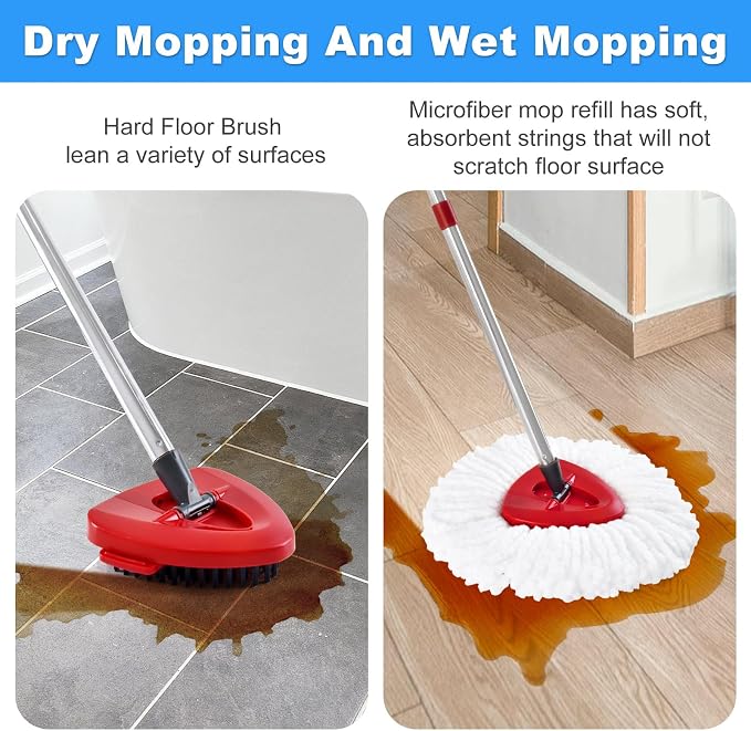 4PCS Mop Heads Replacements for OCedar, 1PCS Scrub Brush and 1PCS Spin Mop Base Compatible with Ocedar EasyWring 1 Tank System, Dry and Wet for Cleaning All Hard-surfaced Floors