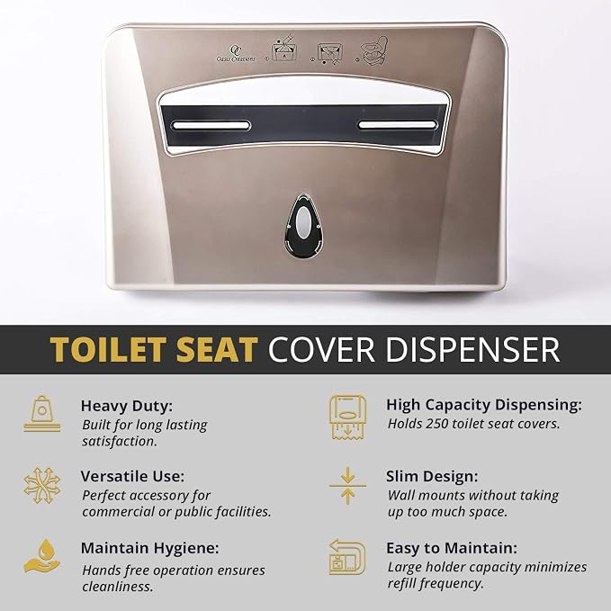 Toilet Seat Cover Dispenser by Oasis Creations –Wall Mount – Heavy Duty Commercial or Residential – Gold