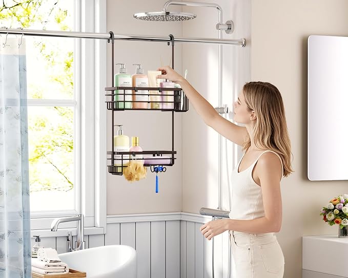 HapiRm Hanging Shower Caddy Organizer - No Drilling Shower Shelves with Hooks and Toothbrush Holder, Rustproof 304 Stainless Steel Bathroom Organizer - Bronze