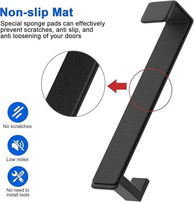PMMASTO 10 Inch Extended Over The Door Hooks, Rustproof Stainless Steel Door Hanger with Non-Slip Pads for Bathroom Kitchen Entryway (Black, Fits 1-3/4" Thick Door, L Shape 2 Pack)
