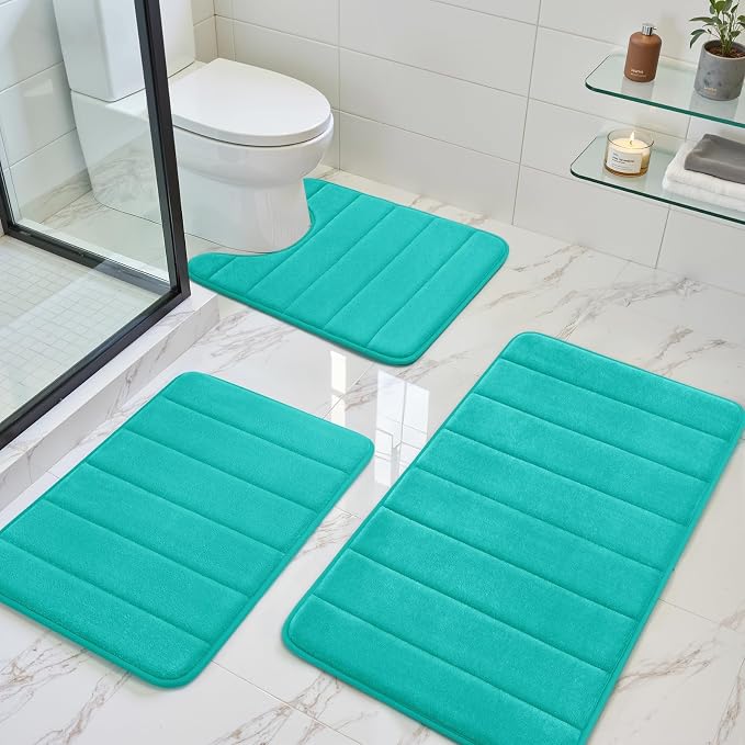 BYSURE Light Teal Memory Foam Bathroom Rug Set 3 Piece | Non Slip Extra Soft Absorbent Machine Washable Toilet Bath Toilet Mat 17"x24"+20"x32"+U Shape 20"x24"