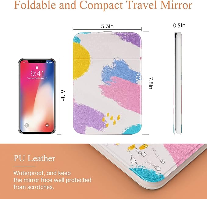 Rechargeable Travel Lighted Makeup Vanity Mirror with PU Leather Cover | Portable Travel Makeup Mirror with lights, 3 Color Lighting,Touch Dimmable, Light Up Tabletop Cosmetic Mirror Folding Flower