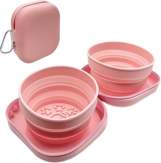 Portable Dog Bowl, Collapsible 2-in-1 Travel Dog Bowls with Carabiner Clip, Silicone Double Pet Food and Water Dish for Outdoor Camping and Hiking (Pink)