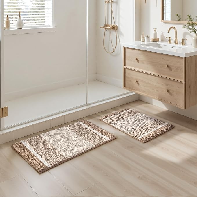 HOMEIDEAS Beige Bathroom Rugs Set of 2, Striped Chenille, 20"x32"+17"x24" | Non Slip Absorbent Bath Mats, Fluffy Striped Chenille Soft Shaggy Bath Rugs for Bathroom Floor and Tub, Machine Washable