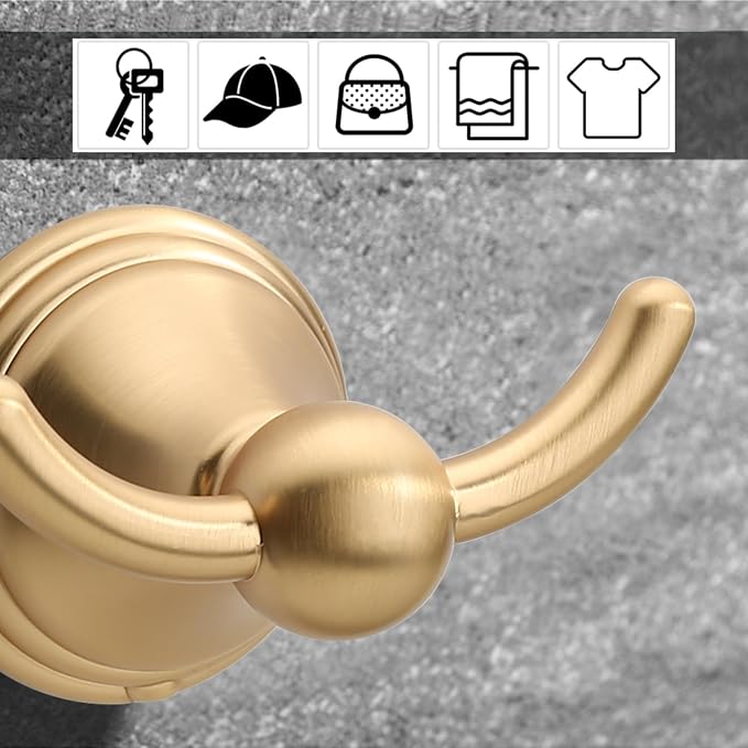 Asidrama Towel Hooks for Bathroom,Brushed Brass Coat Hooks for Kitchen Shower Door Wall Mounted,Exquisite Robe & Towel Hooks,Durable Robe Wall Hooks for Hanging Towels (2 Pack)