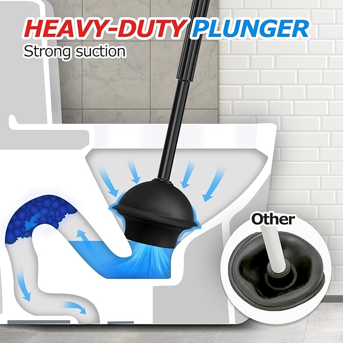 FORASTO 2IN1 Toilet Brush and Plunger Set, 3Pack Extended Handle Combo | Black Bathroom Accessories, Bathroom Decor, Apartment Essentials, Home Essentials, Cleaning Supplies, Compact Floor Storage