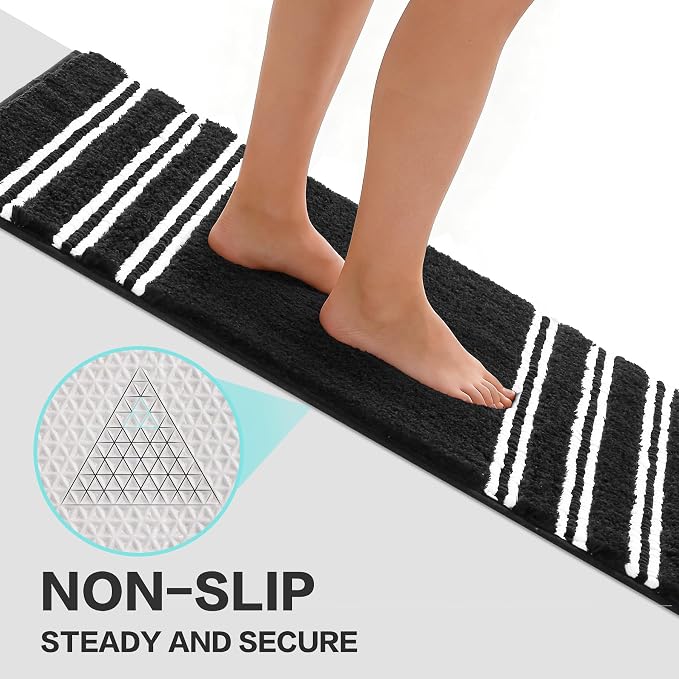 Kmson Bathroom Rugs Mat, 20"x32" Ultra Soft Washable Shaggy Chenille Bath Rugs, Non-Slip Fluffy Thick Water Absorbent Microfiber Mat for Bathtub, Sink and Shower, Black