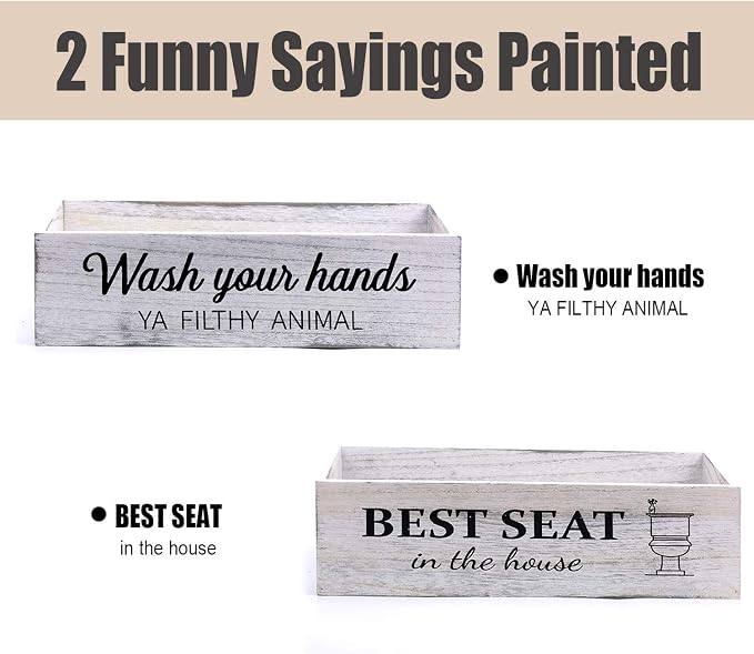 Bathroom Decor Box, Toilet Paper Basket With 2 Sides Signs, Farmhouse Tank Topper, Rustic Home Decor for Livingroom Kitchen (One Whitewashed Box)