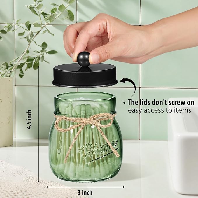 SheeChung Green Glass Mason Jar Qtip Holder Dispenser with Black Metal Lid | Apothecary Jar Canisters Set,Stainless Steel Lid,Small Bathroom Jars,Vanity Storage Organizer for Cotton Swabs,Ball,Pad,Floss