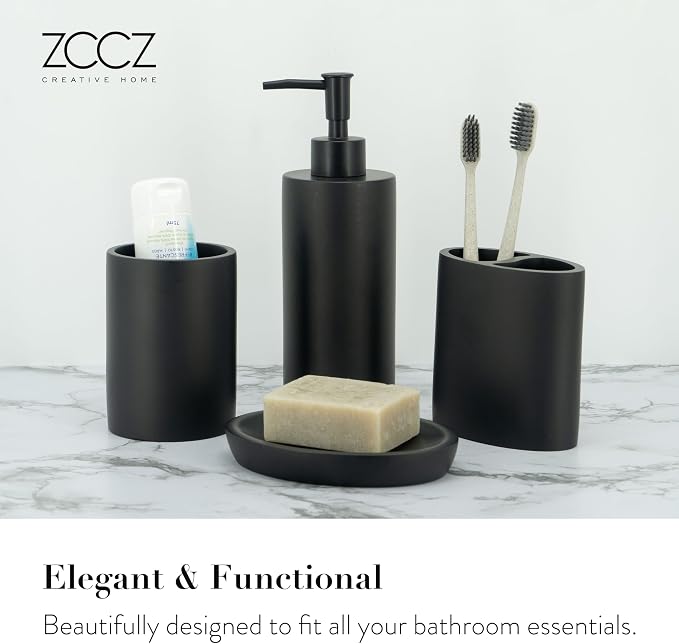 Bathroom Accessory Sets, 4 Pieces Bathroom Accessories Complete Set Vanity Countertop Accessory Set, Includes Lotion Dispenser Soap Pump, Toothbrush Holder and Tray (Matte Black Look Rounded)